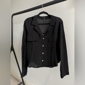 Cropped Sheer Black V-Neck Blouse